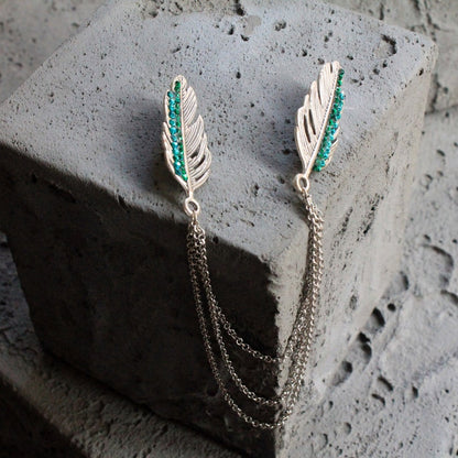 Feather Silver / Gold Shirt Collar Chain Brooch, Collar Clip, Aigrette Collar Pin, Lapel Pin
