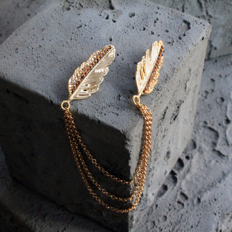 Feather Silver / Gold Shirt Collar Chain Brooch, Collar Clip, Aigrette Collar Pin, Lapel Pin