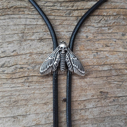 Dead Head Moth Bolo Tie - Silver Plated Wax Rope Cowboy Necktie