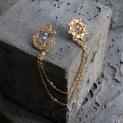Gold Anchor Rudder Shirt Collar Chain Brooch, Collar Clip, Collar Pin, Lapel Pin, Shirt Pin