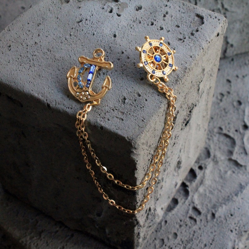 Gold Anchor Rudder Shirt Collar Chain Brooch, Collar Clip, Collar Pin, Lapel Pin, Shirt Pin