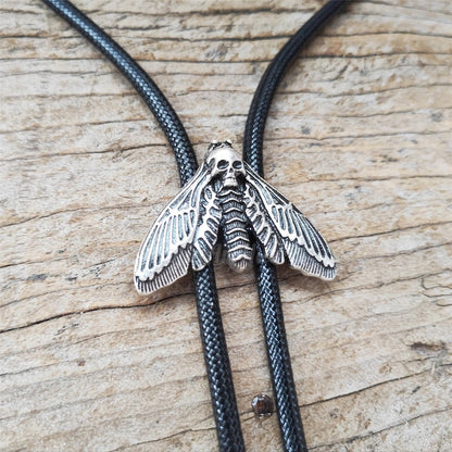 Dead Head Moth Bolo Tie - Silver Plated Wax Rope Cowboy Necktie