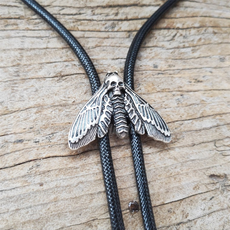 Dead Head Moth Bolo Tie - Silver Plated Wax Rope Cowboy Necktie