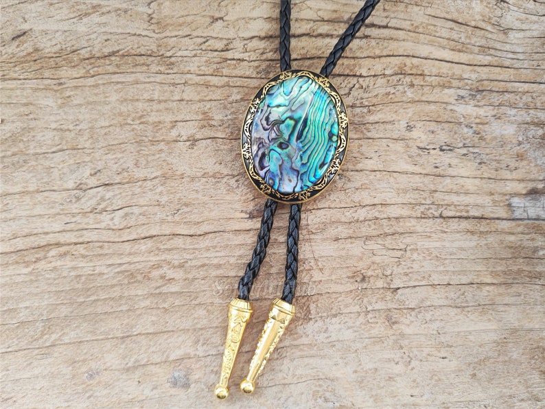 Abalone Shell Bolo Tie: Golden Western Cowboy Necktie