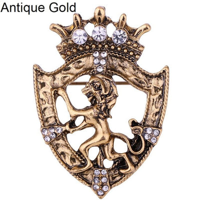 Broche Couronne Lion Rétro : Épingle de revers en cristal, Accessoire de costume pour homme