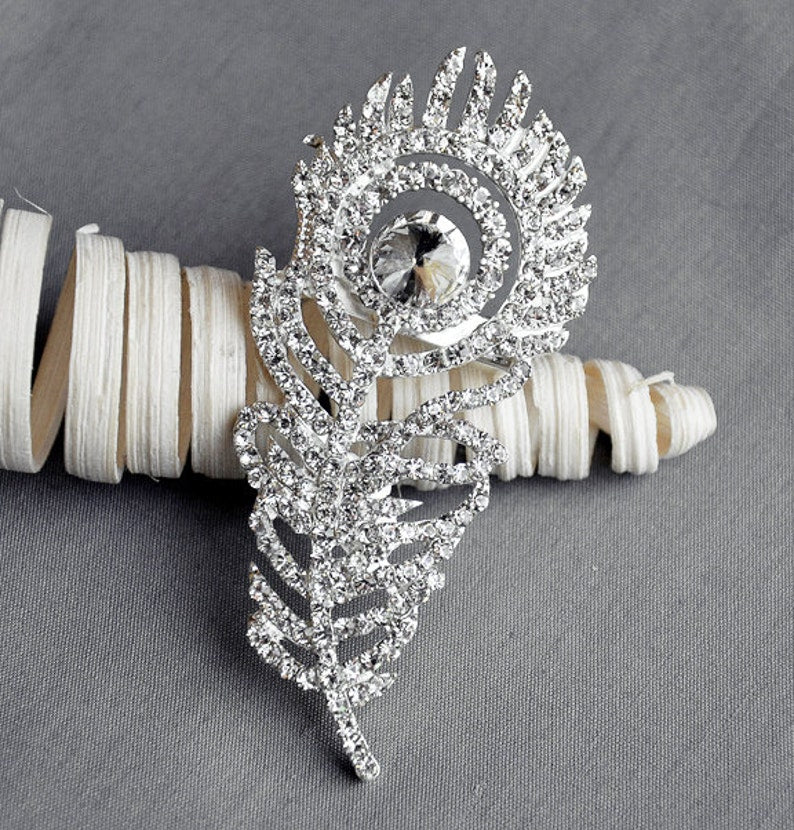 SALE Rhinestone Brooch Pin Embellishment Crystal Peacock Feather Bridal Wedding Brooch Bouquet Hair Comb Shoe Clip BR012