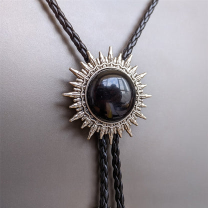 Black Onyx Sun Pattern Bola BOLO Tie - Necklace Wedding for Men Women Groomsmen Bridegroom - Western Cowboy Necktie