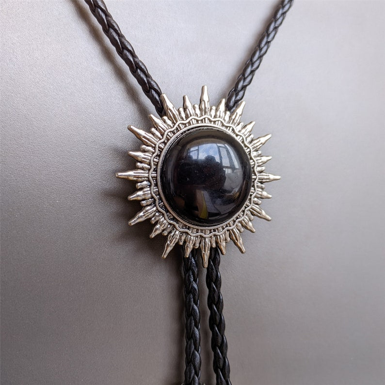 Black Onyx Sun Pattern Bola BOLO Tie - Necklace Wedding for Men Women Groomsmen Bridegroom - Western Cowboy Necktie
