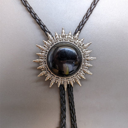 Black Onyx Sun Pattern Bola BOLO Tie - Necklace Wedding for Men Women Groomsmen Bridegroom - Western Cowboy Necktie