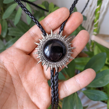 Black Onyx Sun Pattern Bola BOLO Tie - Necklace Wedding for Men Women Groomsmen Bridegroom - Western Cowboy Necktie