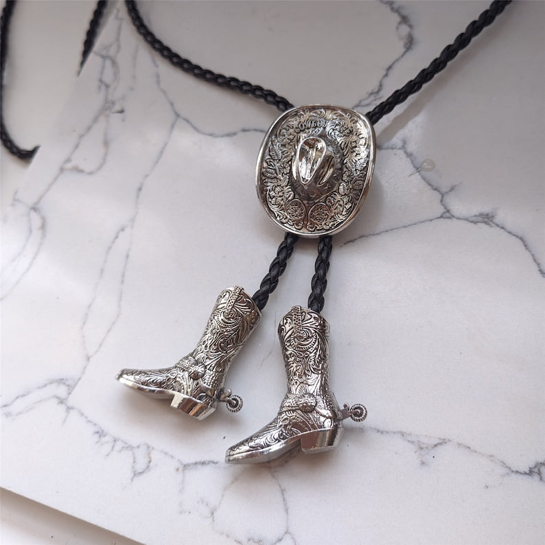 Cowboys Hat Mens Groomsmen Bridegroom Bola Bolo Tie Western Wedding Necklace - Boots Pendents Necktie