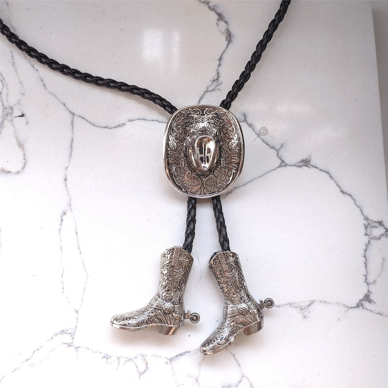 Cowboys Hat Mens Groomsmen Bridegroom Bola Bolo Tie Western Wedding Necklace - Boots Pendents Necktie