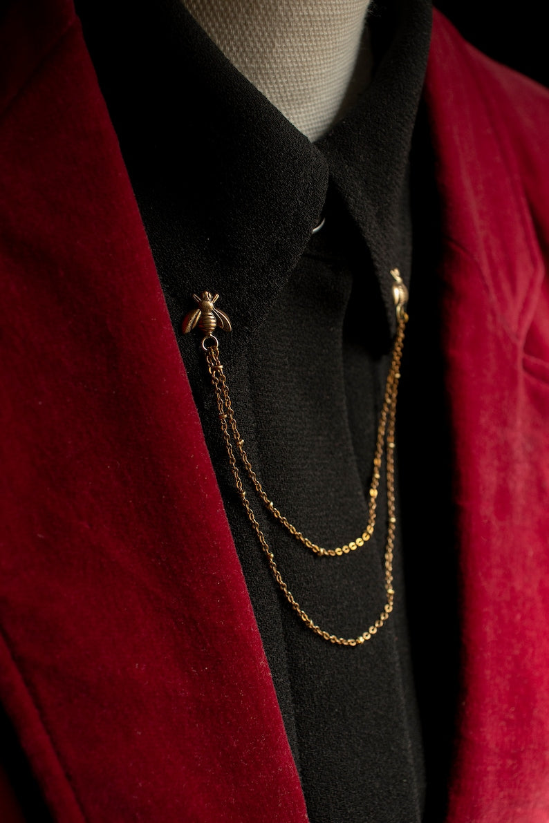 Bee Collar Chain Pin: Solid Brass Vintage Style Lapel Jewelry