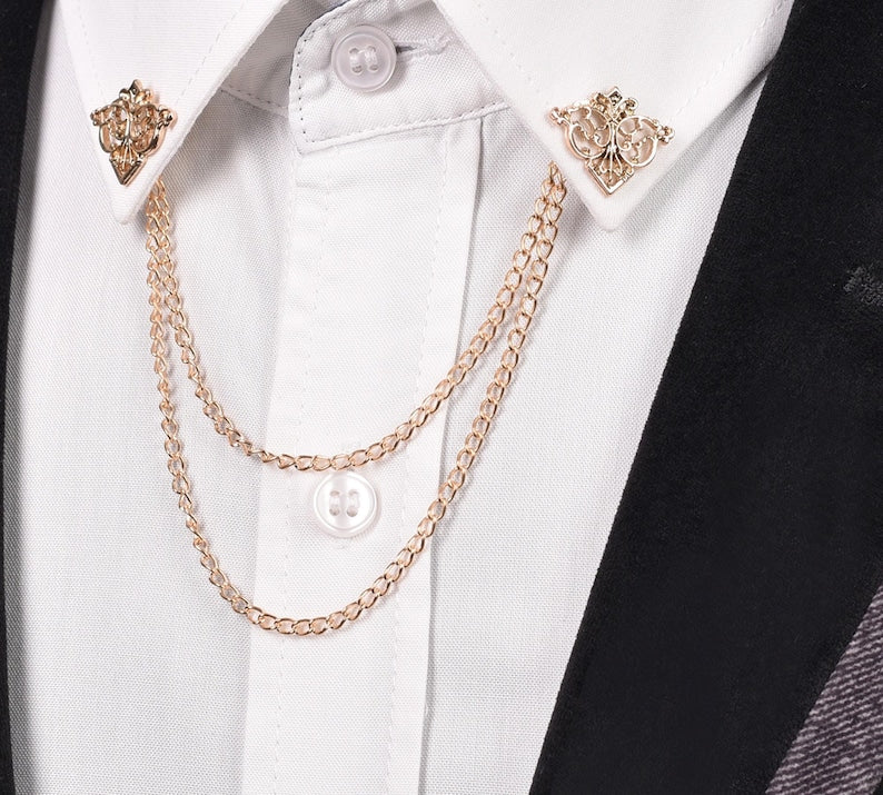 Triangle Collar Chain Pins, Silver, Black, Gold, Unisex Brooch