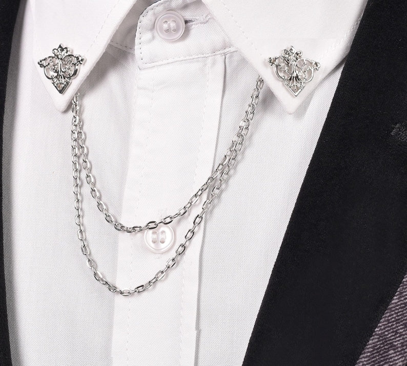 Triangle Collar Chain Pins, Silver, Black, Gold, Unisex Brooch