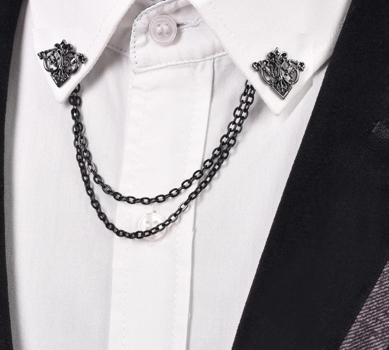 Triangle Collar Chain Pins, Silver, Black, Gold, Unisex Brooch