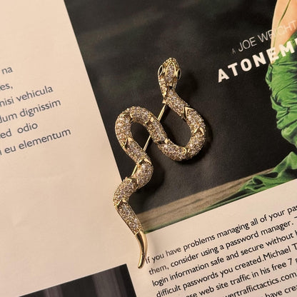 Gold Snake Brooch, White Zircon Inlay, Copper Brooch