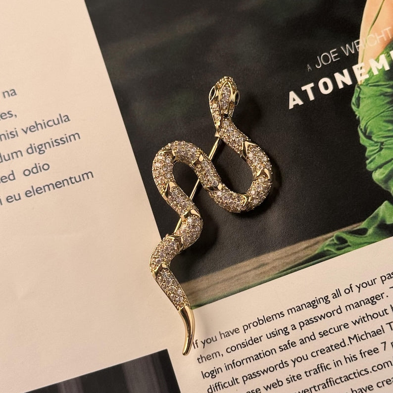 Gold Snake Brooch, White Zircon Inlay, Copper Brooch