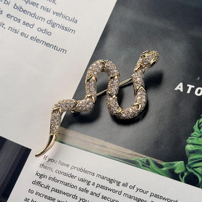 Gold Snake Brooch, White Zircon Inlay, Copper Brooch