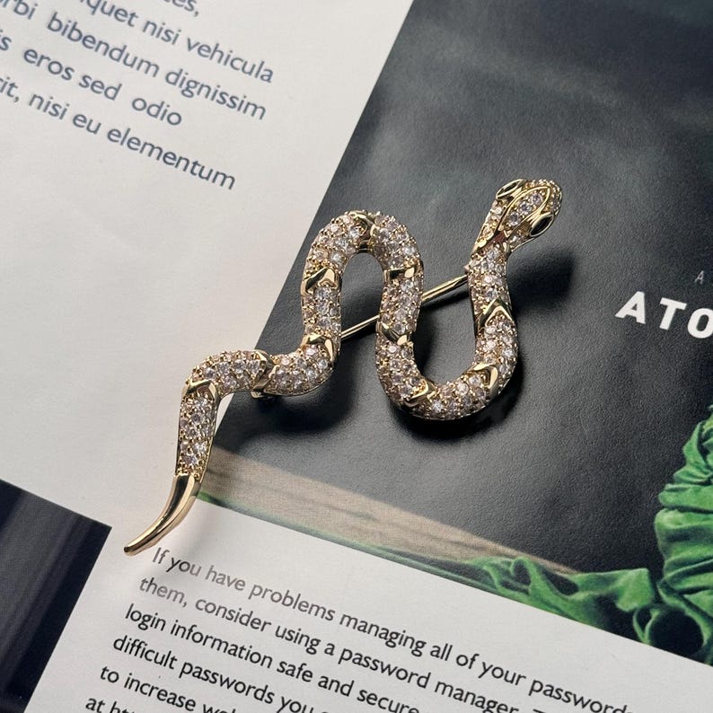 Gold Snake Brooch, White Zircon Inlay, Copper Brooch