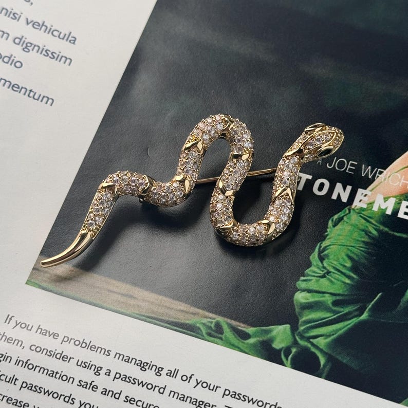 Gold Snake Brooch, White Zircon Inlay, Copper Brooch