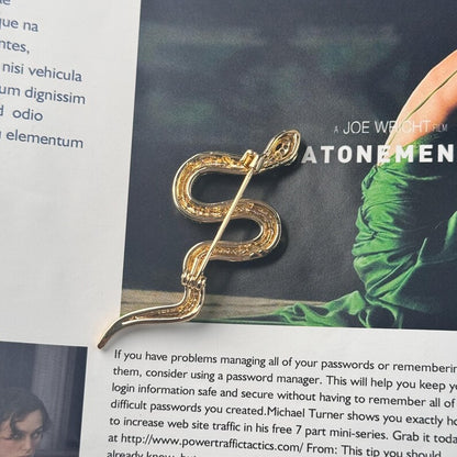 Gold Snake Brooch, White Zircon Inlay, Copper Brooch