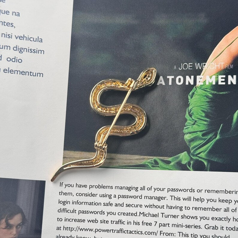 Gold Snake Brooch, White Zircon Inlay, Copper Brooch