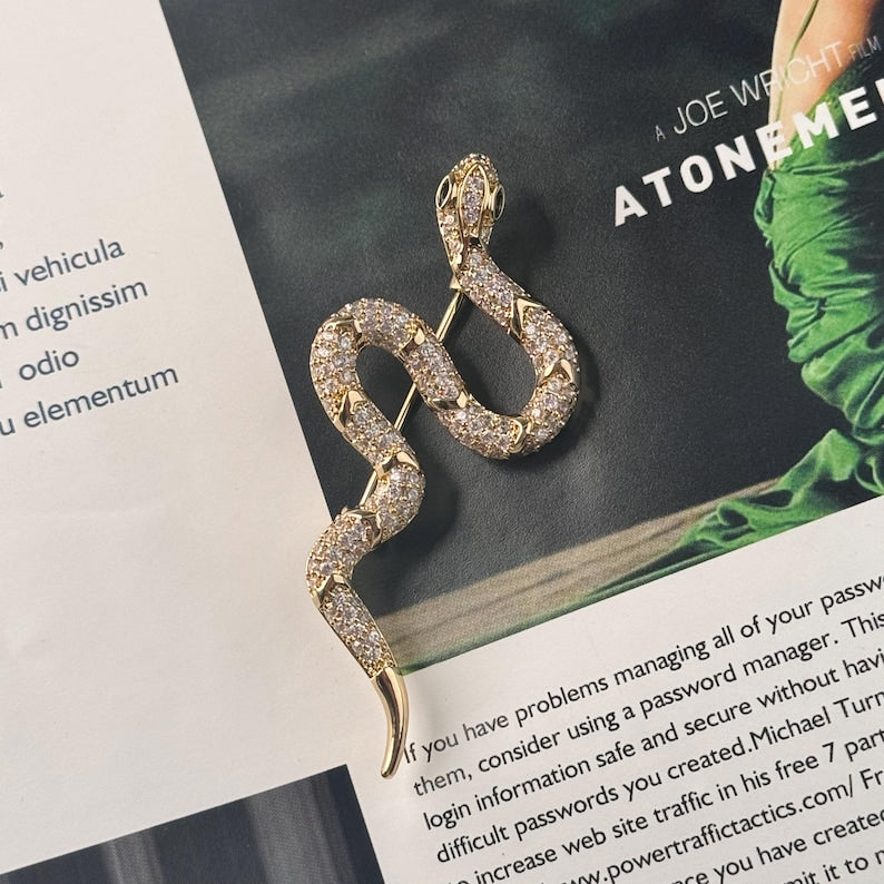 Gold Snake Brooch, White Zircon Inlay, Copper Brooch