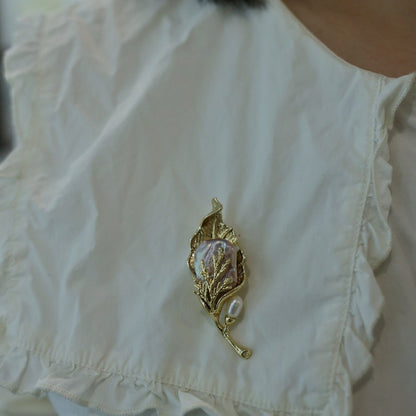Golden Baroque Pearl Pin,Light Purple Freshwater Pearl,Leaf branch pearl brooch,Baroque pearl flower brooch,Brooch pin