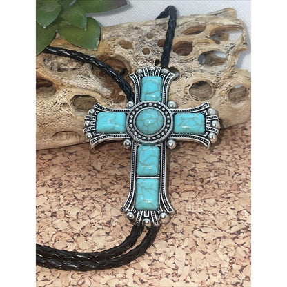 Large Cross  Turquoise Silver Lariat Bolo Tie Western Cowgirl Cowboy Southwest SAME day shipping in time for Xmas