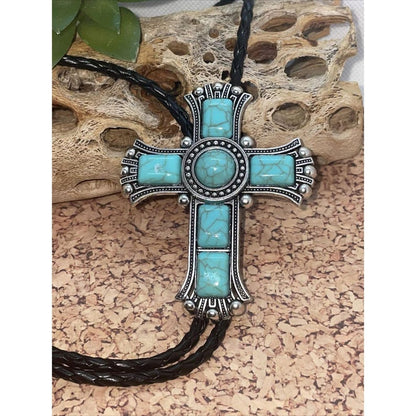 Large Cross  Turquoise Silver Lariat Bolo Tie Western Cowgirl Cowboy Southwest SAME day shipping in time for Xmas