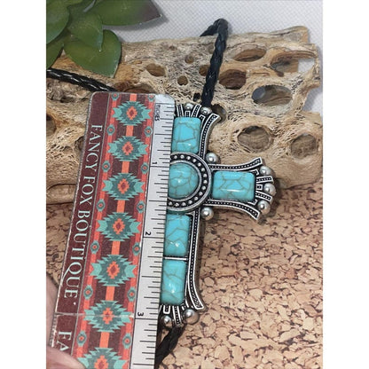 Large Cross  Turquoise Silver Lariat Bolo Tie Western Cowgirl Cowboy Southwest SAME day shipping in time for Xmas