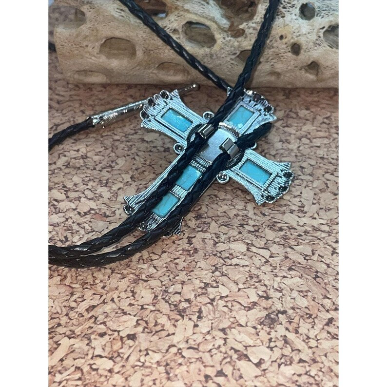 Large Cross  Turquoise Silver Lariat Bolo Tie Western Cowgirl Cowboy Southwest SAME day shipping in time for Xmas