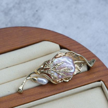Golden Baroque Pearl Pin,Light Purple Freshwater Pearl,Leaf branch pearl brooch,Baroque pearl flower brooch,Brooch pin