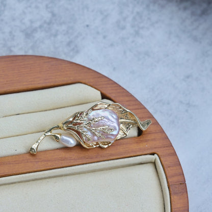 Golden Baroque Pearl Pin,Light Purple Freshwater Pearl,Leaf branch pearl brooch,Baroque pearl flower brooch,Brooch pin