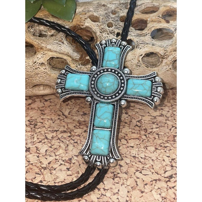 Large Cross  Turquoise Silver Lariat Bolo Tie Western Cowgirl Cowboy Southwest SAME day shipping in time for Xmas