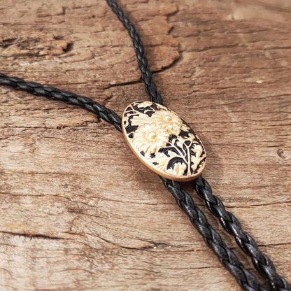 Golden Chrysanthemum Bolo Tie: Western Cowboy Leather Necklace