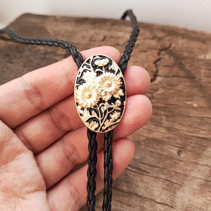Golden Chrysanthemum Bolo Tie: Western Cowboy Leather Necklace
