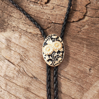 Golden Chrysanthemum Bolo Tie: Western Cowboy Leather Necklace