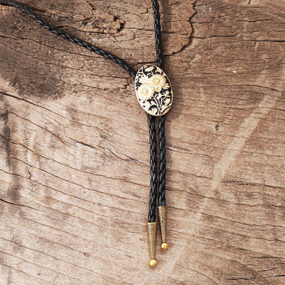 Golden Chrysanthemum Bolo Tie: Western Cowboy Leather Necklace