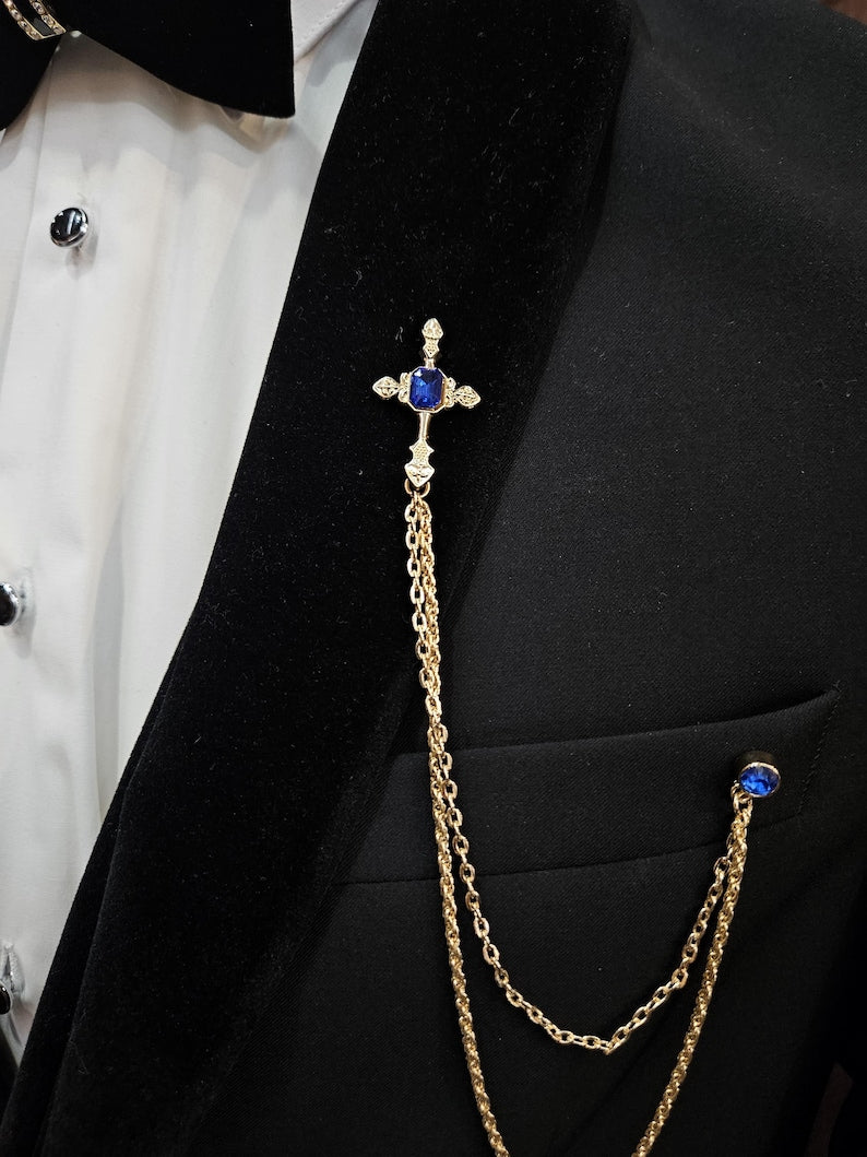Épingle de Revers Chaîne Dorée : Ensemble Broche Croix Strass Saphir