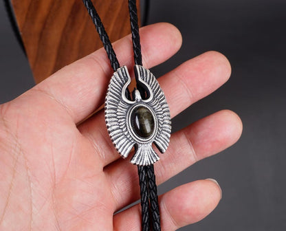 Natural Golden Obsidian Eagle Bolo Tie | Vintage Silver-Plated Western Cowboy Necklace | Native American Style