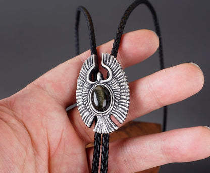 Natural Golden Obsidian Eagle Bolo Tie | Vintage Silver-Plated Western Cowboy Necklace | Native American Style