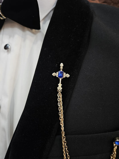 Épingle de Revers Chaîne Dorée : Ensemble Broche Croix Strass Saphir