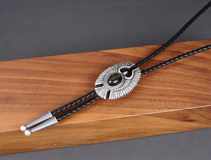 Natural Golden Obsidian Eagle Bolo Tie | Vintage Silver-Plated Western Cowboy Necklace | Native American Style