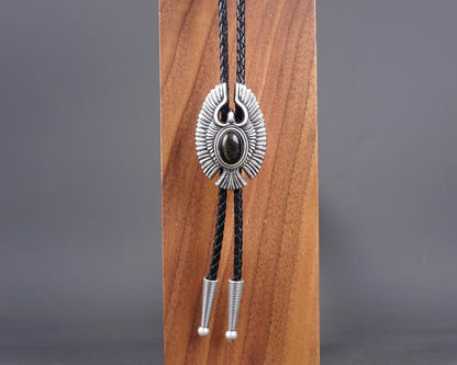 Natural Golden Obsidian Eagle Bolo Tie | Vintage Silver-Plated Western Cowboy Necklace | Native American Style