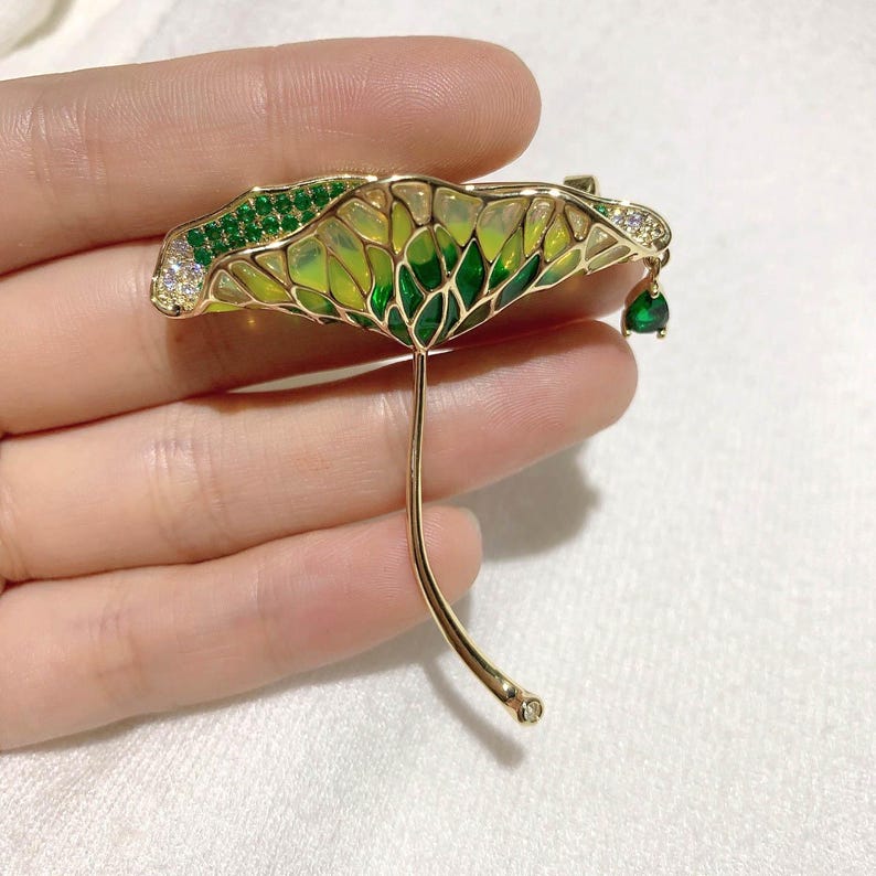 Enamel color Drip oil lotus leaf brooch zircon with pendant