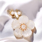 Mother of Pearl Blossom Shell Brooch Copper Inlaid Zircon Pin for Women