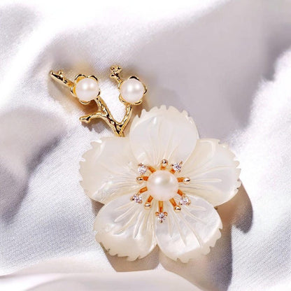 Mother of Pearl Blossom Shell Brooch Copper Inlaid Zircon Pin for Women