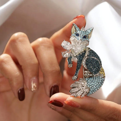 Blue Fox Brooch: Handmade Copper Zircon Crystal Jewelry